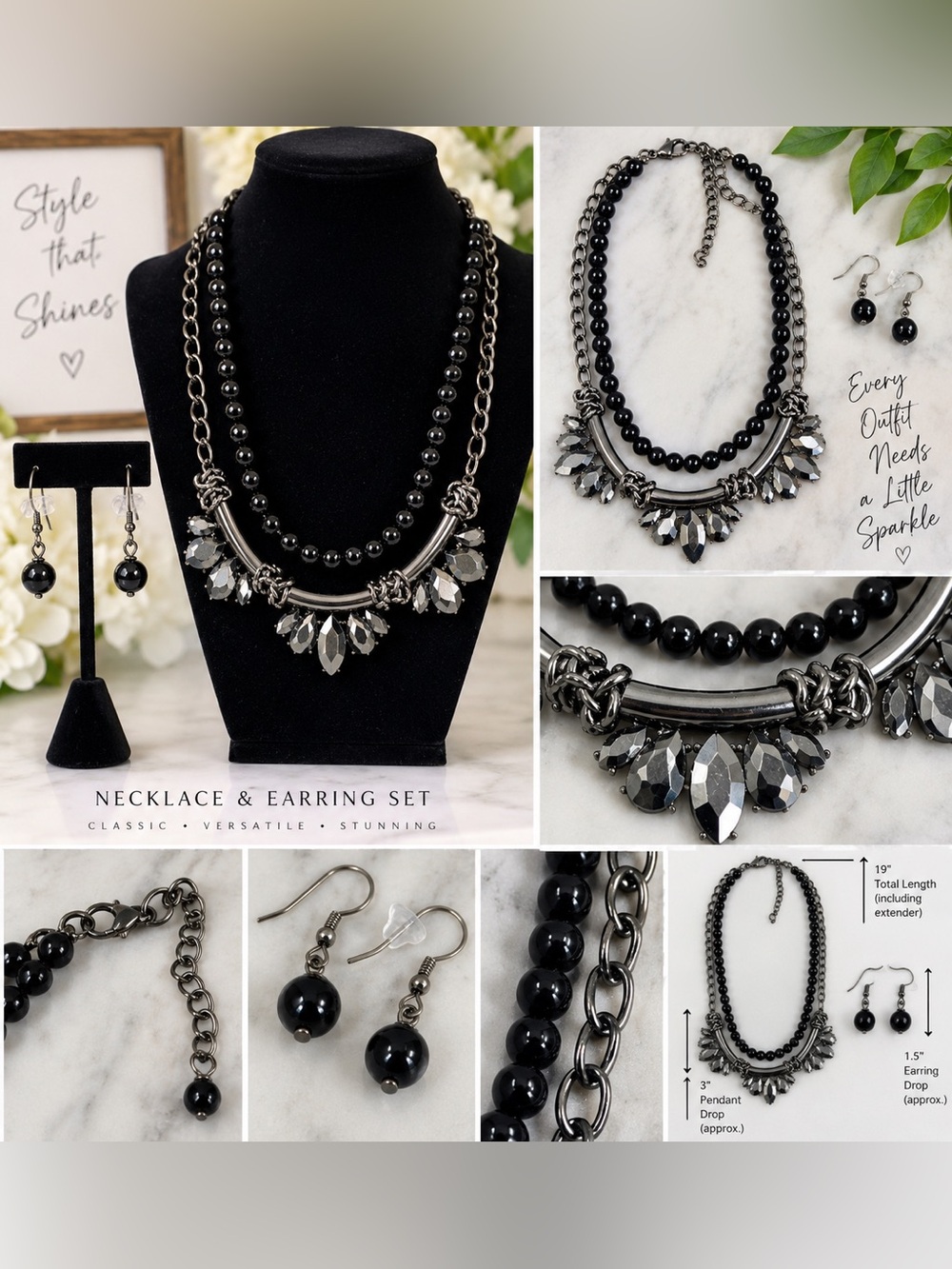 Black Statement Necklace and Earring Set - Elegant Layered Jewelry